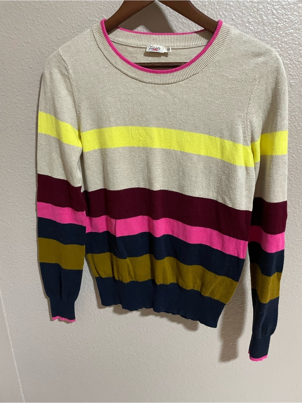 Faherty Women's Cream Striped Crewneck Sweater with Pink Accents